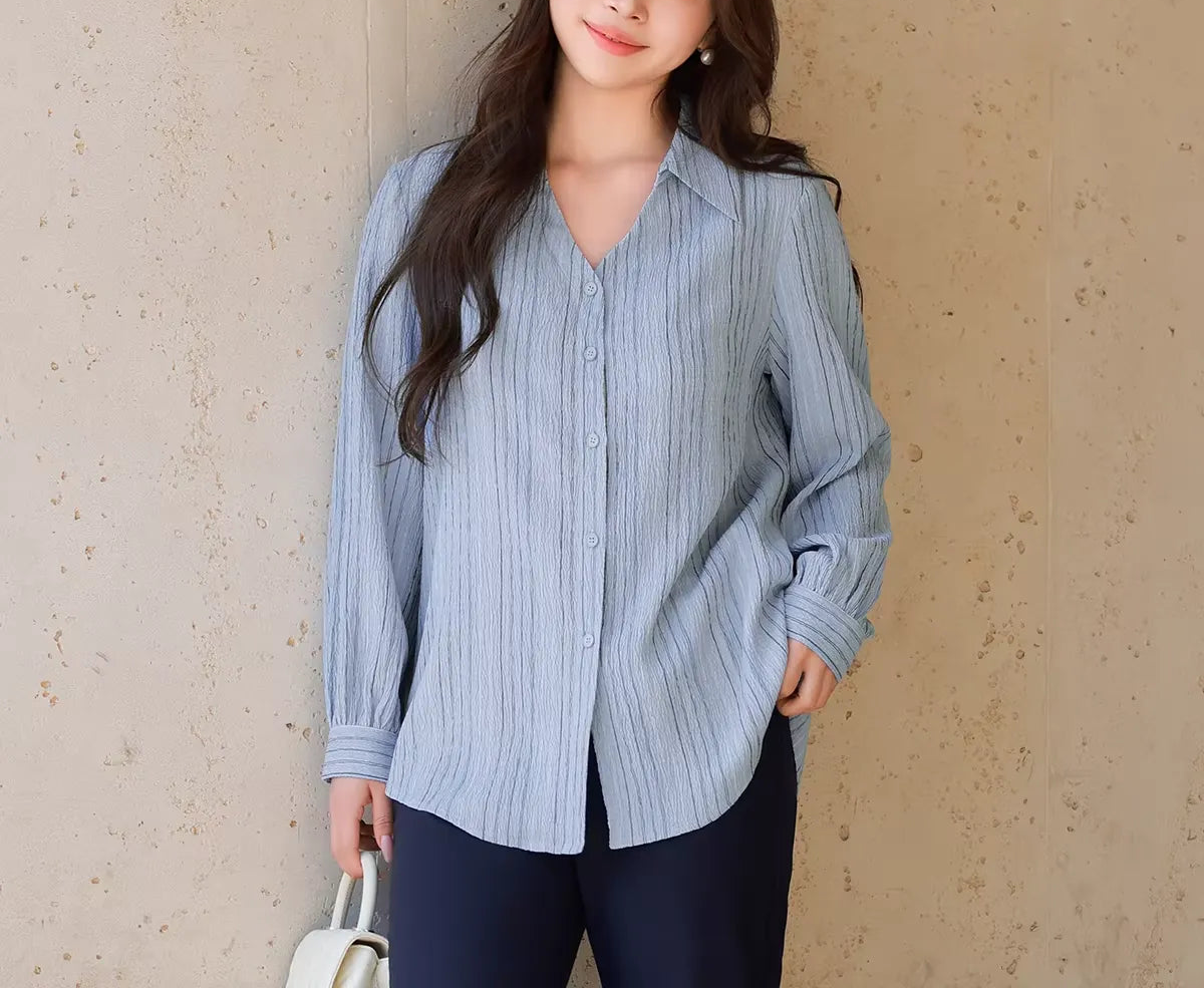 Plus Size V-Neck Striped Shirt Spring Casual Top
