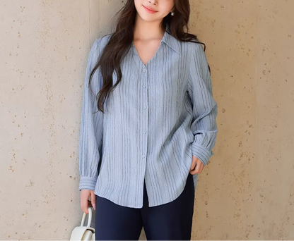 Plus Size V-Neck Striped Shirt Spring Casual Top