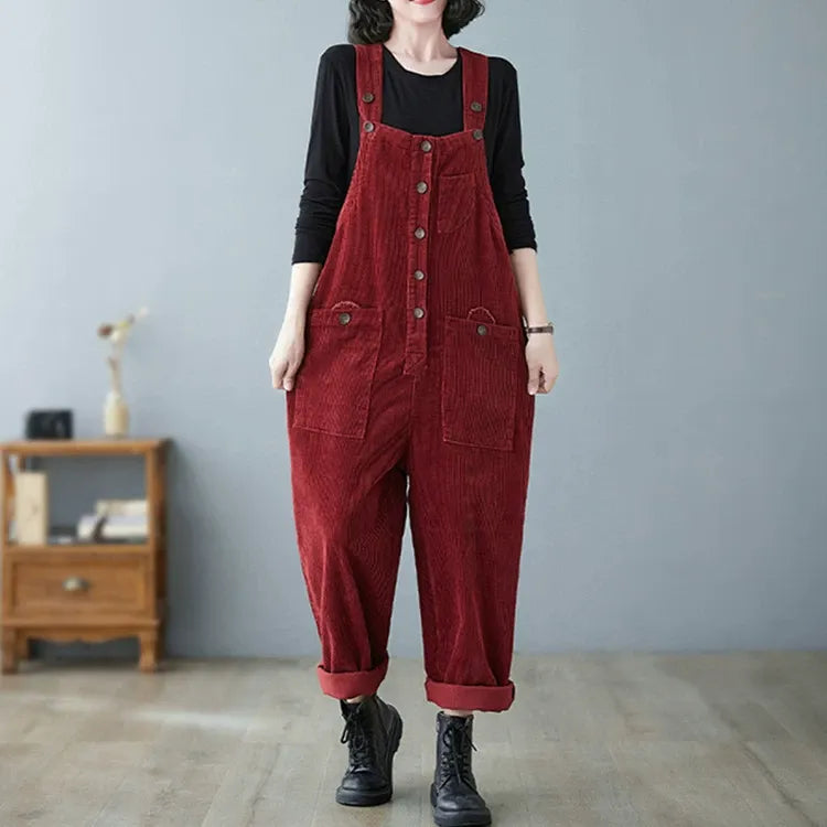 Retro Lazy Corduroy Overalls Winter Loose Slim Suspender Jumpsuit