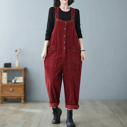 Retro Lazy Corduroy Overalls Winter Loose Slim Suspender Jumpsuit