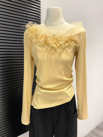 Women's 3D Floral Lace Mesh Long Sleeve Top