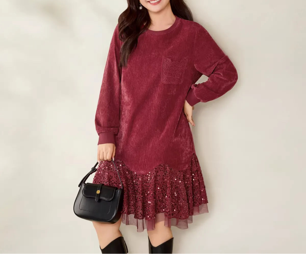 Red Plus Size Sequin Embroidery Loose Dress