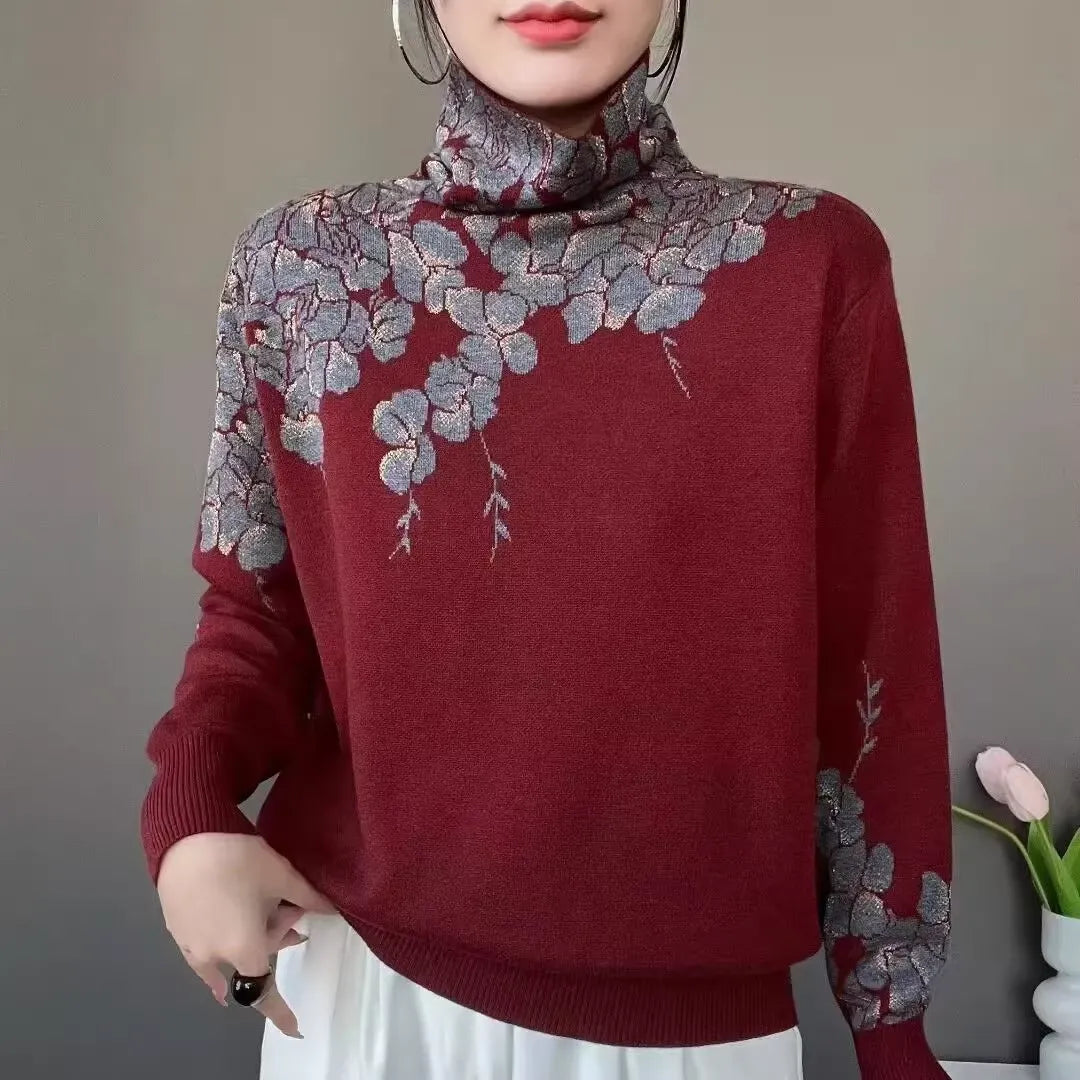 Minimalist Gray Jacquard Turtleneck Long Sleeve Sweater Versatile Daily Knit