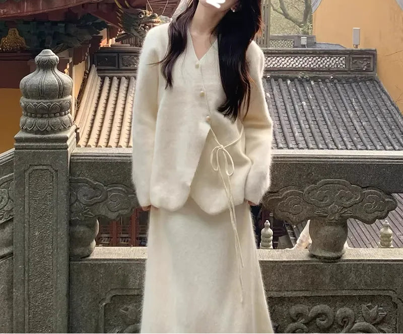 New Chinese style white sweater dress