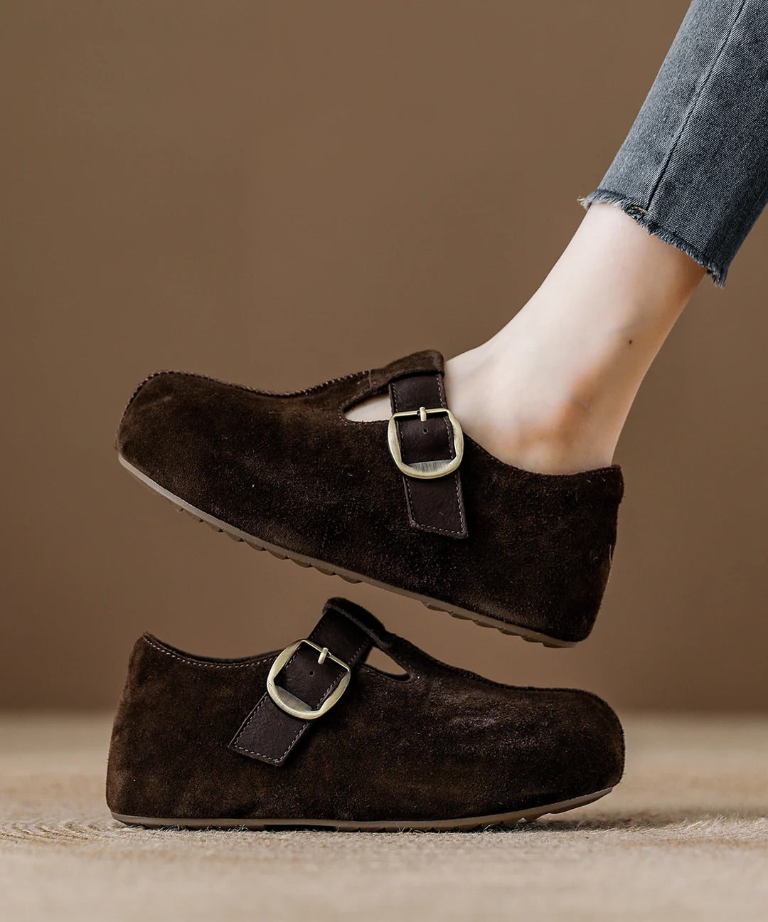 Red Suede Splicing Flat Feet Shoes Fuzzy Wool Lined