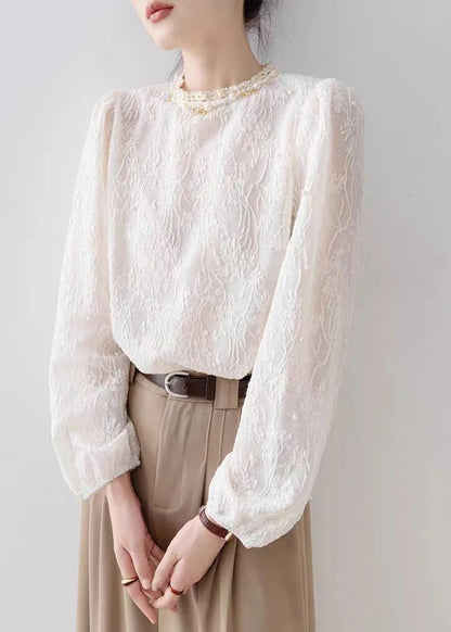 Apricot Jacquard Chiffon Shirt Tops Nail Bead Spring