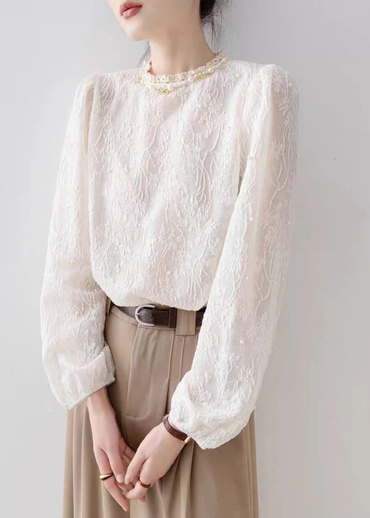Apricot Jacquard Chiffon Shirt Tops Nail Bead Spring