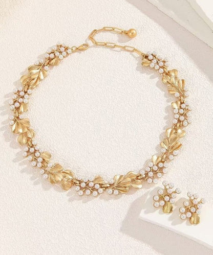 Handmade Pearl Metal Ginkgo Leaf Hollow Necklace Earring Set