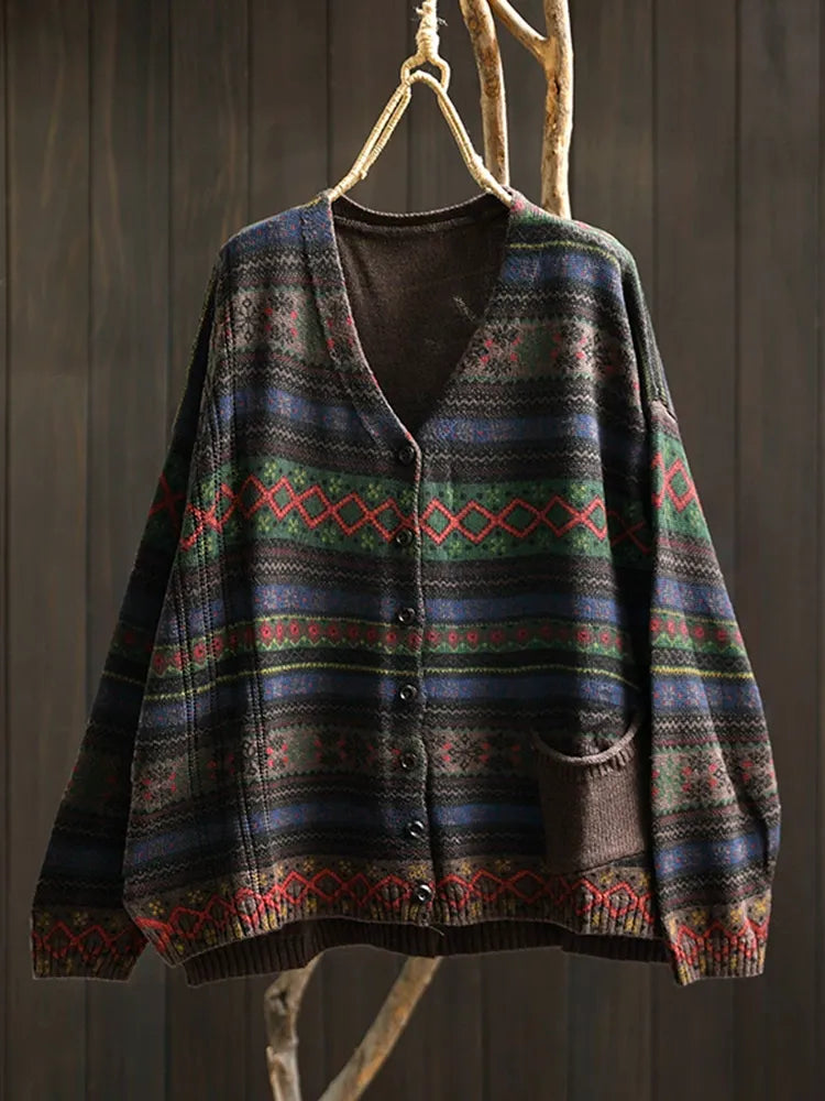 Retro Printed Knit Cardigan Loose V-Neck Long Sleeve Open Front Top