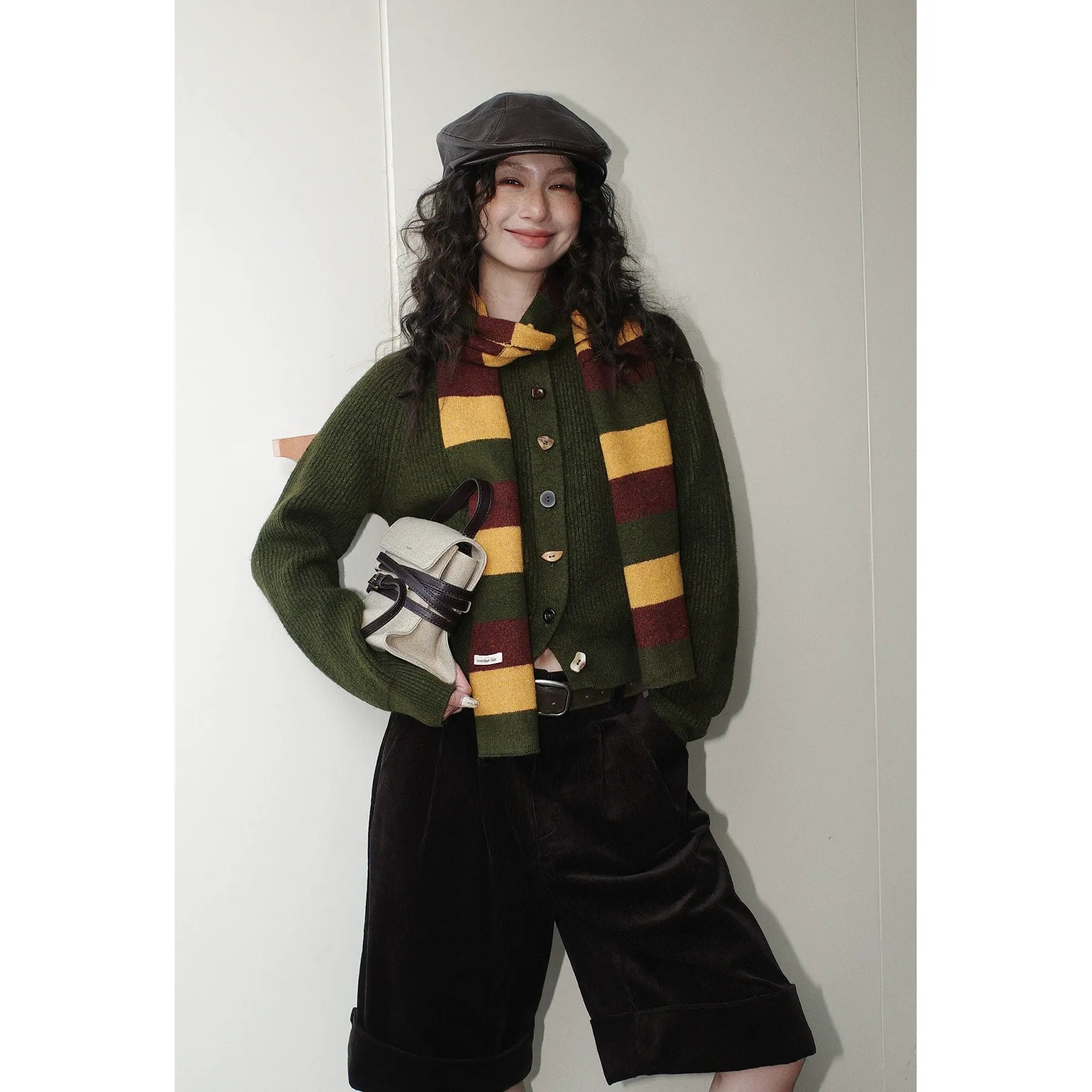 Block Striped Scarf Cardigan Sweater