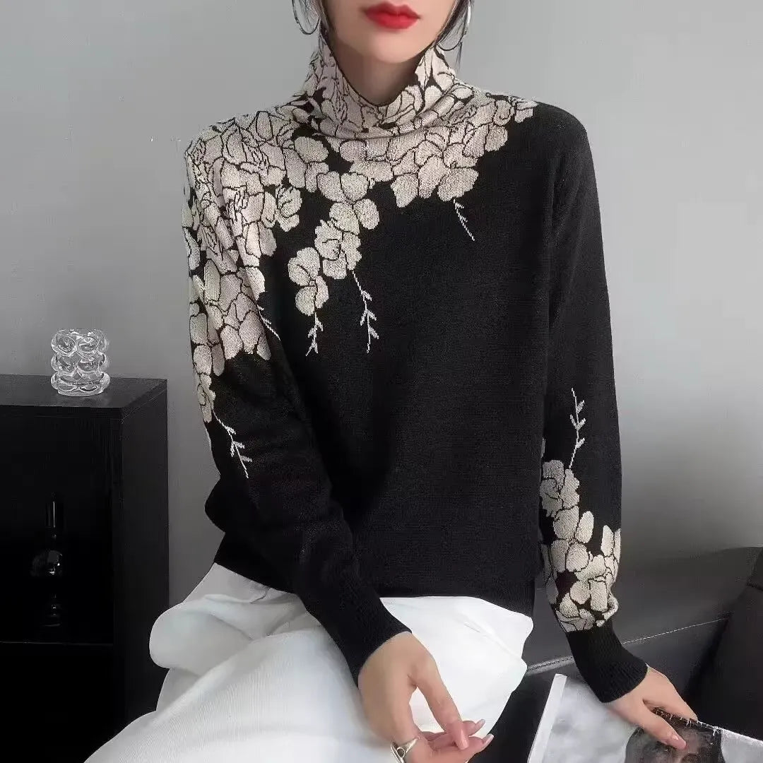 Minimalist Gray Jacquard Turtleneck Long Sleeve Sweater Versatile Daily Knit