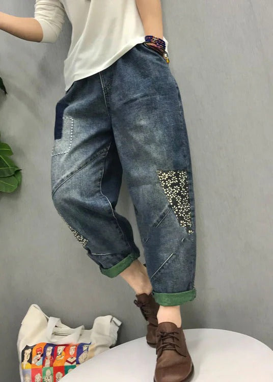 Organic Blue patch applique denim Pants Spring