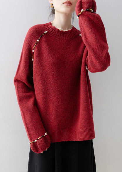 Plus Size Red O Neck Nail Bead Knit Sweater Spring
