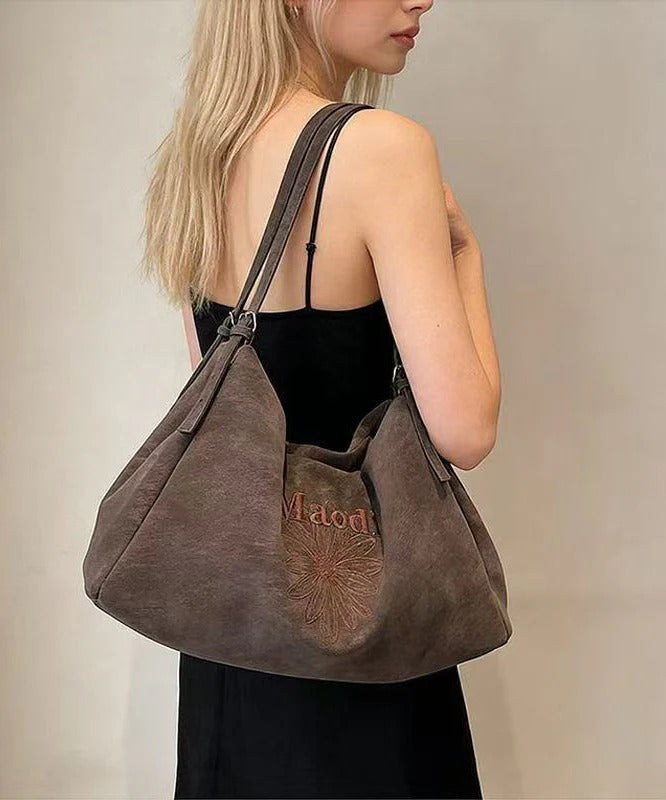 Classy Brown Embroidered Flower Letter Faux Leather Women Handbag