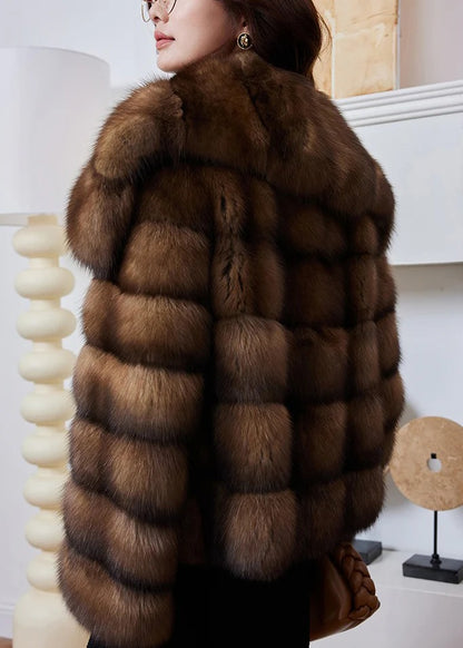 French Brown Peter Pan Collar Striped Mink Hair Coats Winter