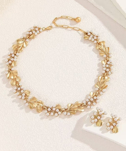 Handmade Pearl Metal Ginkgo Leaf Hollow Necklace Earring Set