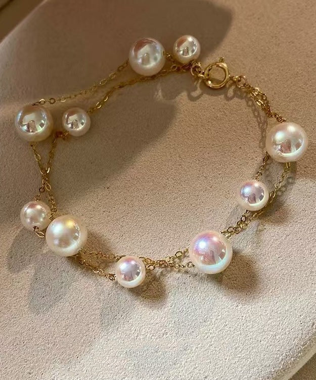 New White Pearl Double Layer 14K Gold Wrapped Bracelet