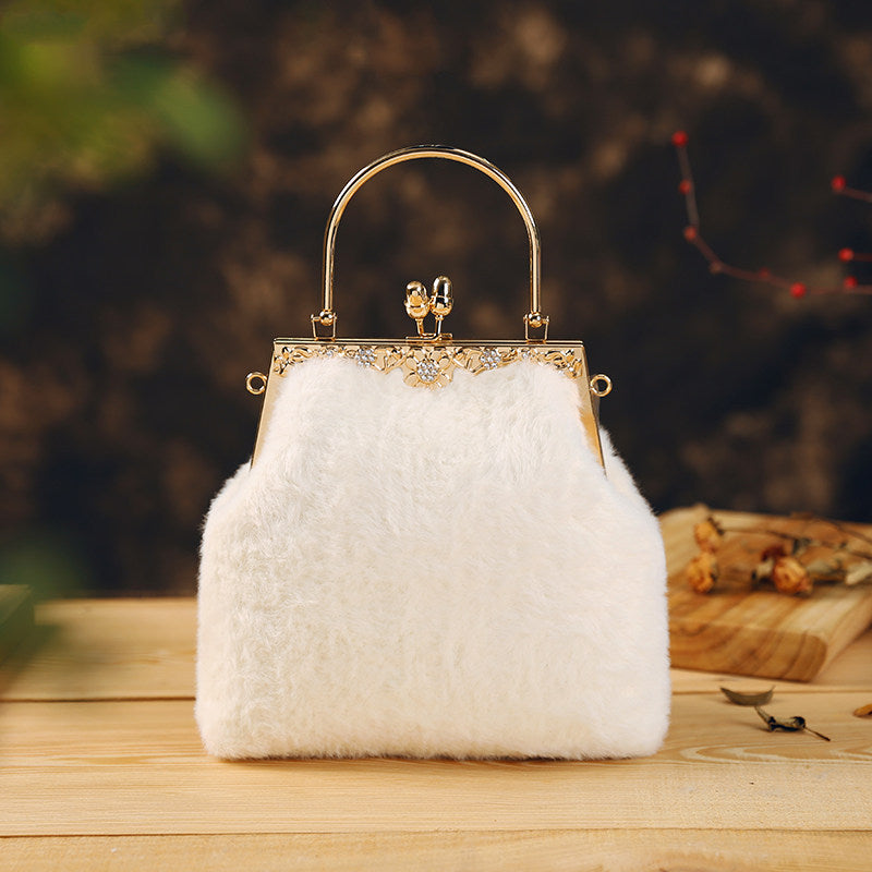 Top Handle Golden Fur Handbag – Women's Spacious