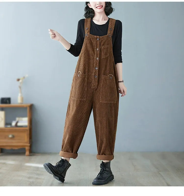 Retro Lazy Corduroy Overalls Winter Loose Slim Suspender Jumpsuit