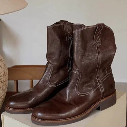 Women's V-Collar Autumn Winter Short Motorcycle Boots, Mahogany Tone Slim Fit