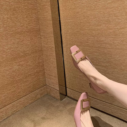 Women's Classic Square-Buckle Block-Heel Shoes