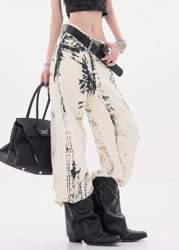 Art Apricot Print Pockets High Waist Denim Pants Fall