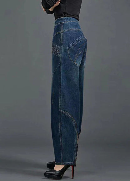 Bohemian Blue High Waist Flatering Zip Up Pockets Cotton Denim Pants Summer
