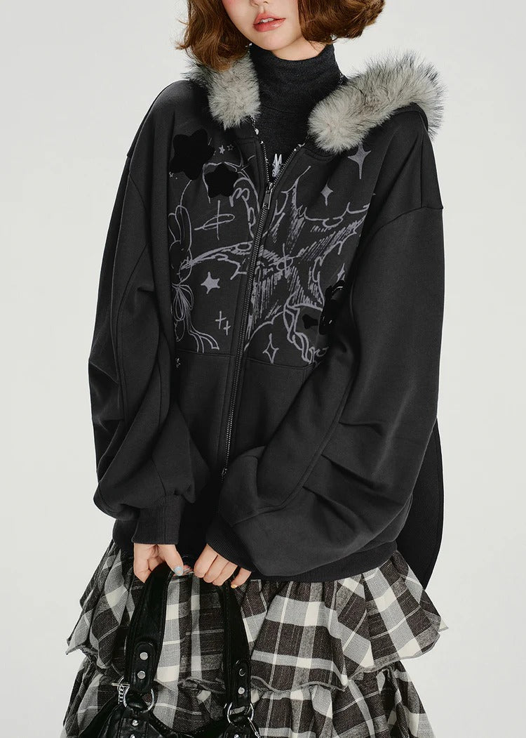 Casual Dark Grey Fur Collar Patchwork Cotton Hooded Coat Spring