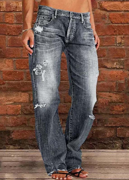 Casual Navy Oversized Washed Denim Ripped Pants Summer