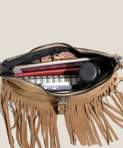 Handmade Khaki Tasseled Solid Durable Fine Suede Messenger Bag