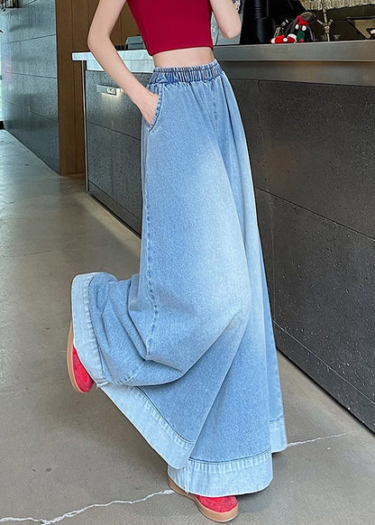 Loose Blue Pockets Elastic Waist Denim Wide Leg Pants Fall