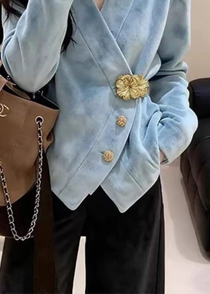 Stylish Blue V Neck Button Faux Suede Coats Spring