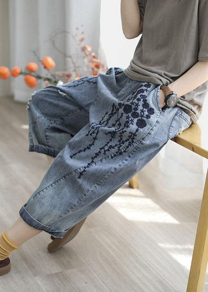 Boho Blue Embroideried Summer Denim Pants