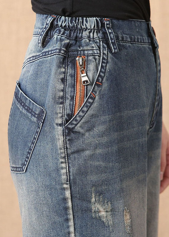 Chic Denim Blue Elastic Waist Zip Up Pockets Hole Cotton Crop Pants