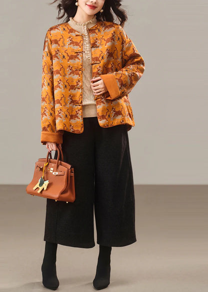 Chinese Style Yellow Print Fine Cotton Filled Silk Jacket Winter