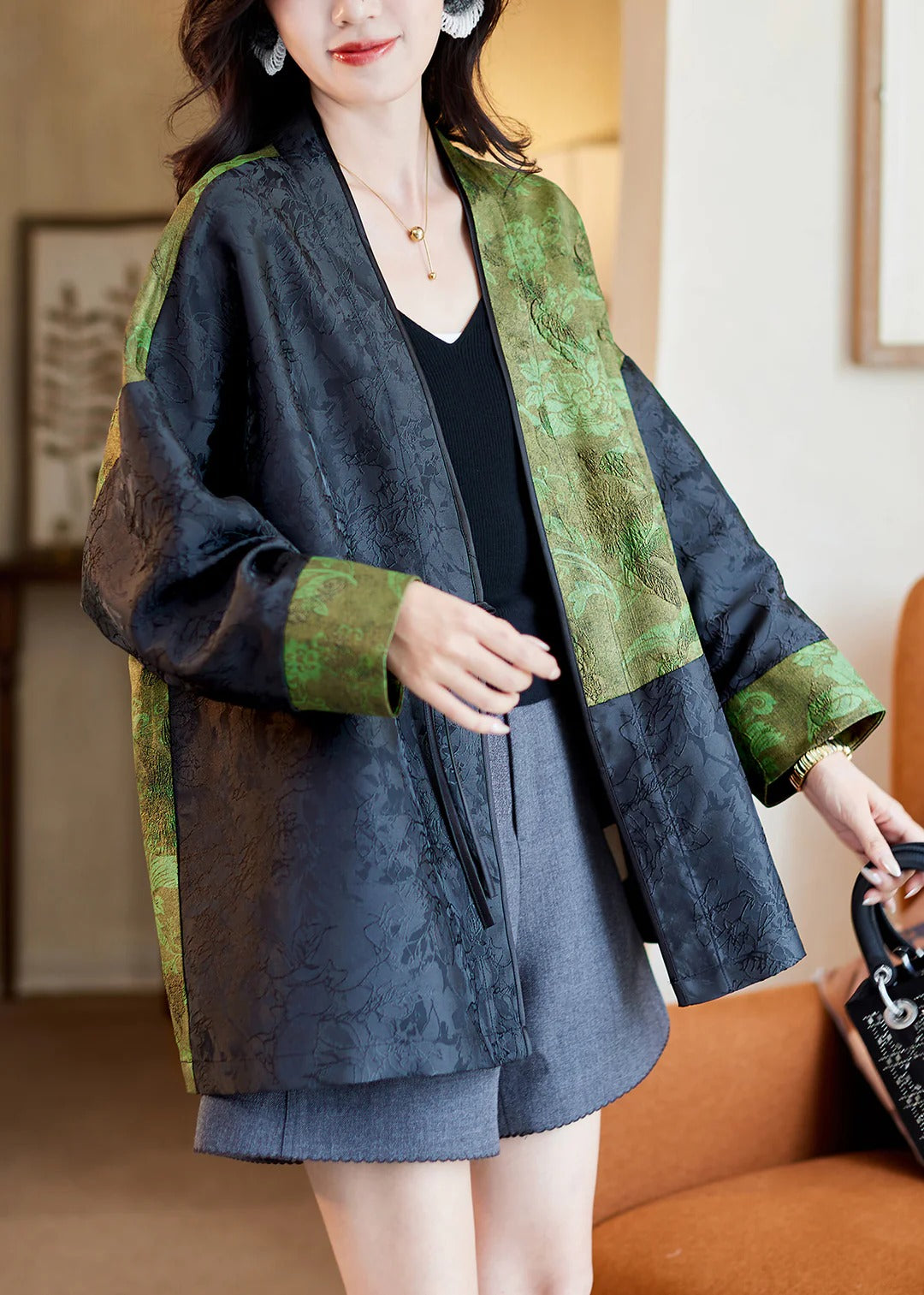 Jacquard Green V Neck Button Patchwork Silk Coats Fall