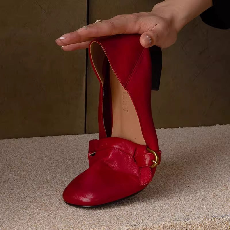 New Arrival Red Genuine Leather Low Heel Square Toe Low-Cut Pumps