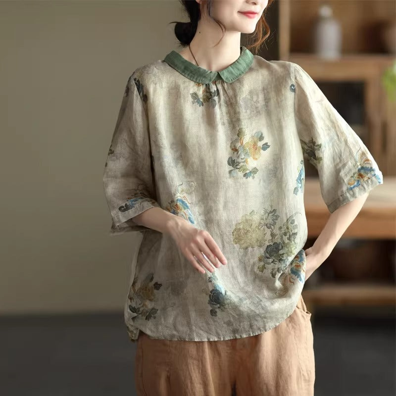 Ditsy Floral Ramie Cotton Linen Short Sleeve Casual Shirt