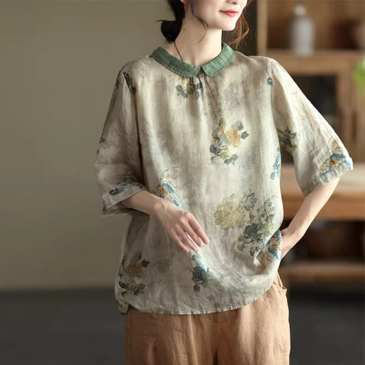 Ditsy Floral Ramie Cotton Linen Short Sleeve Casual Shirt