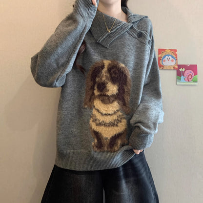 Neck Puppy Jacquard Plus-Size Pullover Sweater