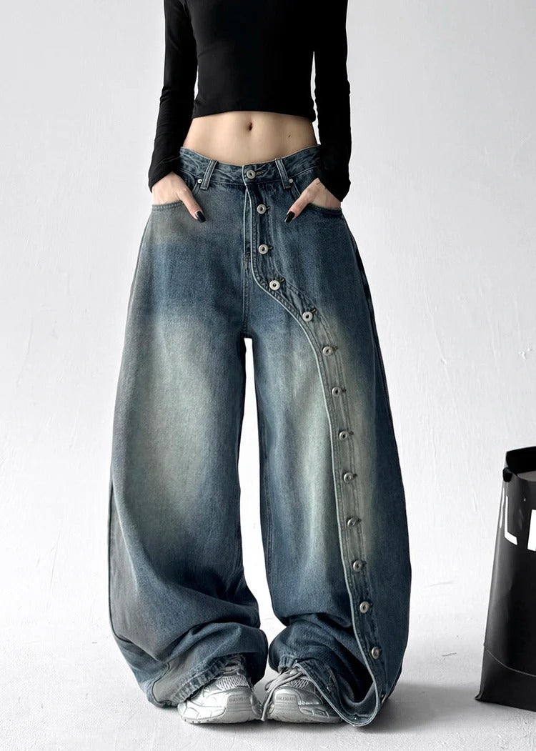 Fine Blue Oversized Rivet Denim Wide Leg Pants Fall