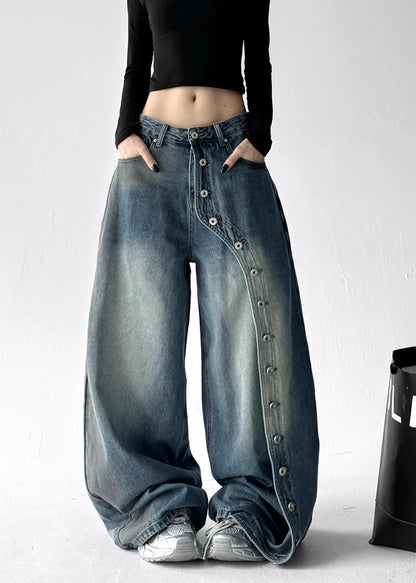 Fine Blue Oversized Rivet Denim Wide Leg Pants Fall