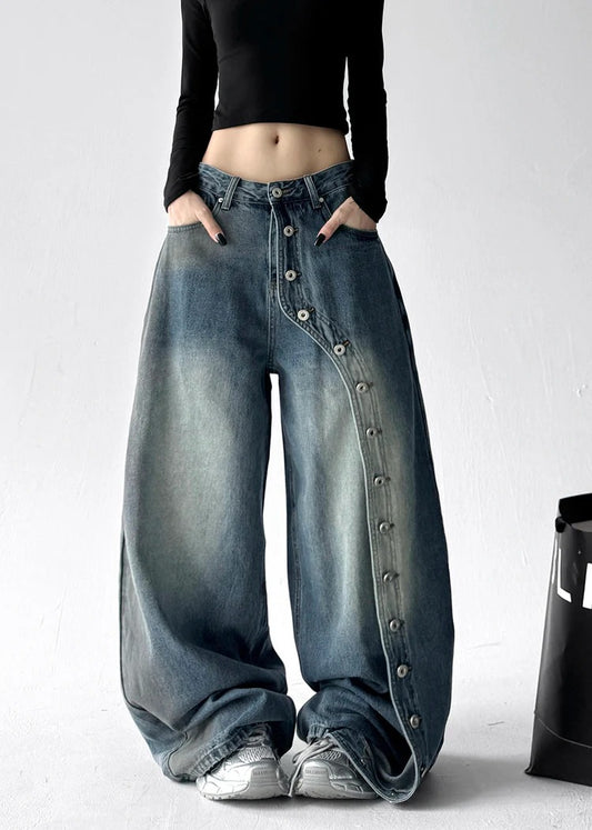 Fine Blue Oversized Rivet Denim Wide Leg Pants Fall