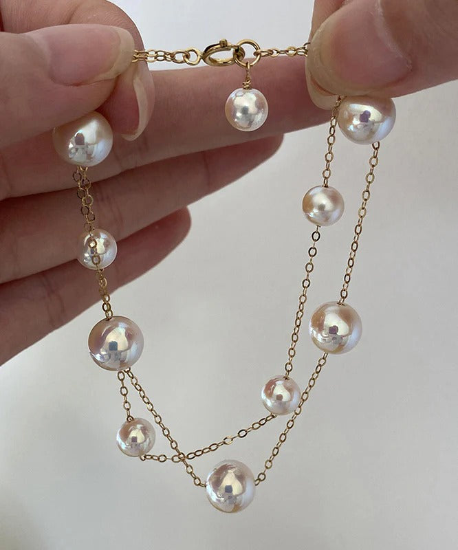 New White Pearl Double Layer 14K Gold Wrapped Bracelet