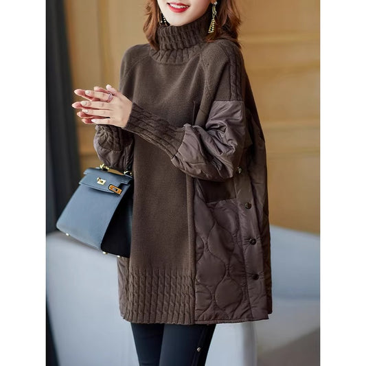 Fashion Mocha Brown Loose Turtleneck Patchwork Sweater, Commute Casual Knitwear