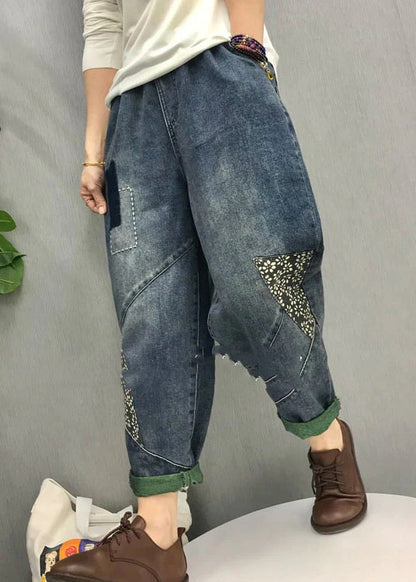 Organic Blue patch applique denim Pants Spring
