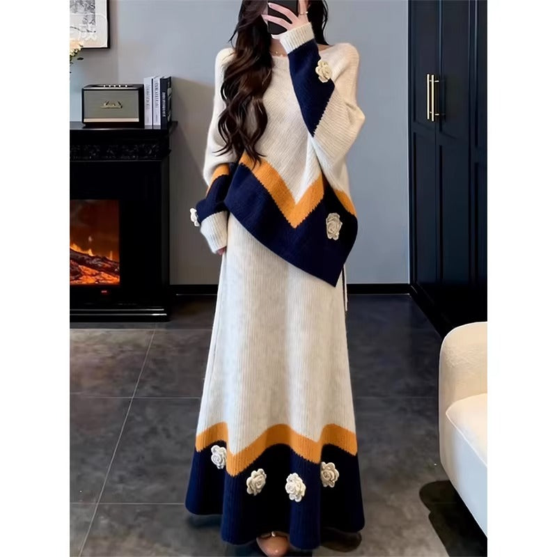 3D floral knit elegant and slimming two-piece set