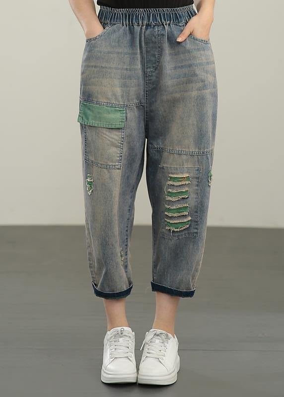 Plus Size Blue Elastic Waist Hole Denim Pants Summer