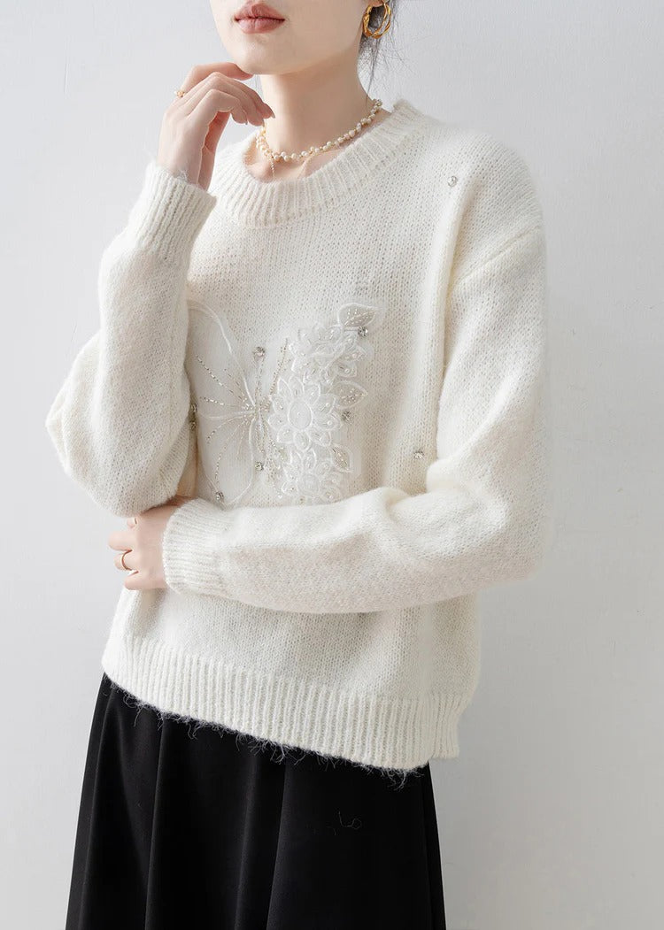 Women White O Neck Butterfly Zircon Knit Sweater Tops Spring