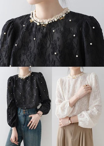 Apricot Jacquard Chiffon Shirt Tops Nail Bead Spring